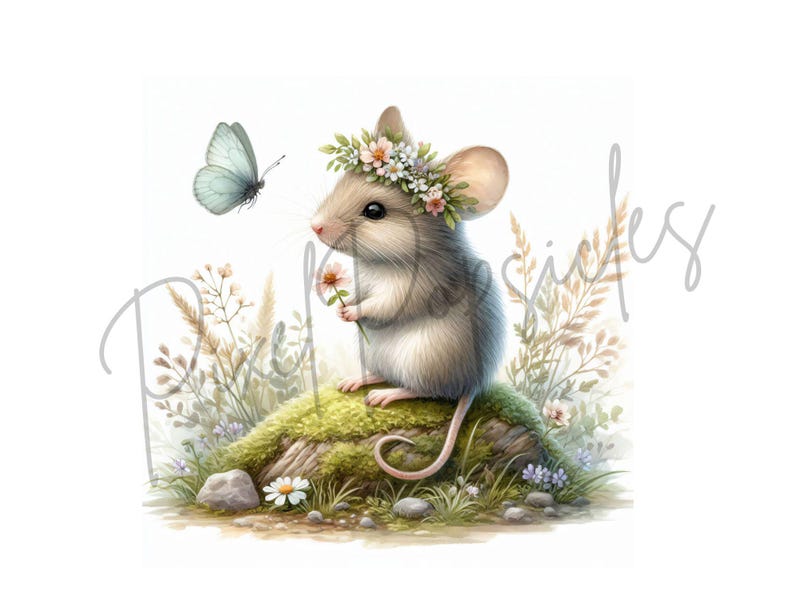 May include: A small, grey mouse wearing a flower crown holds a single pink flower. The mouse is sitting on a mossy rock with a blue butterfly flying in the background.