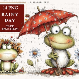 May include: Digital illustration of two cartoon frogs. One frog holds a red umbrella with a floral pattern, the other wears a leafy crown. The image includes the text "14 PNG RAINY DAY" and is set against a rainy backdrop.