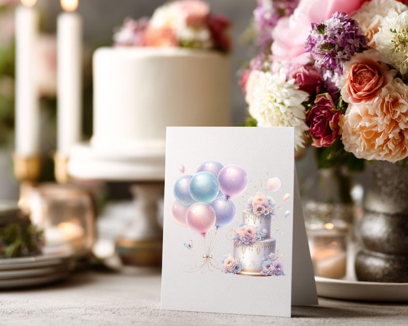 Birthday Cake and Balloons Clipart, Watercolor Celebration PNG Bundle image 11