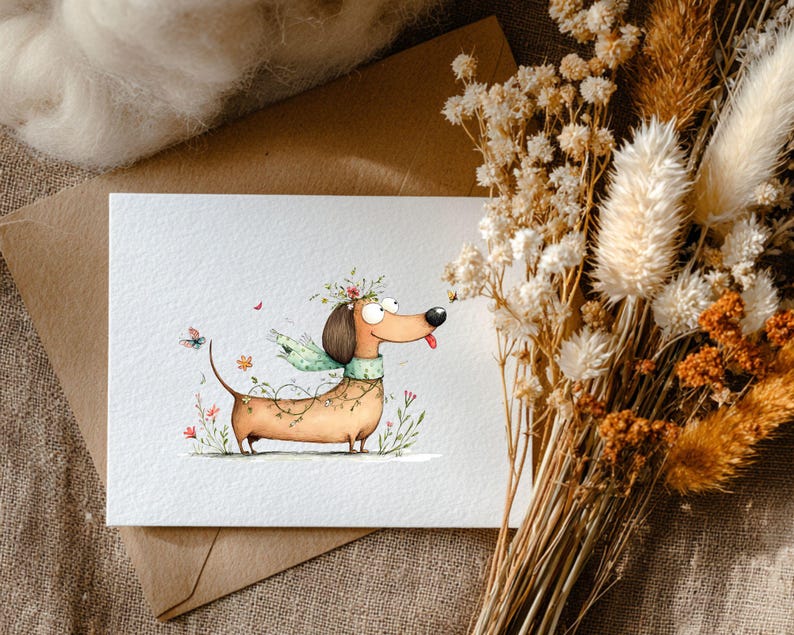 May include: A watercolour illustration of a dachshund dog adorned with a floral crown, scarf, and garland. The dog has a long body, short legs, and a joyful expression. Butterflies and flowers surround the dog on a white card.