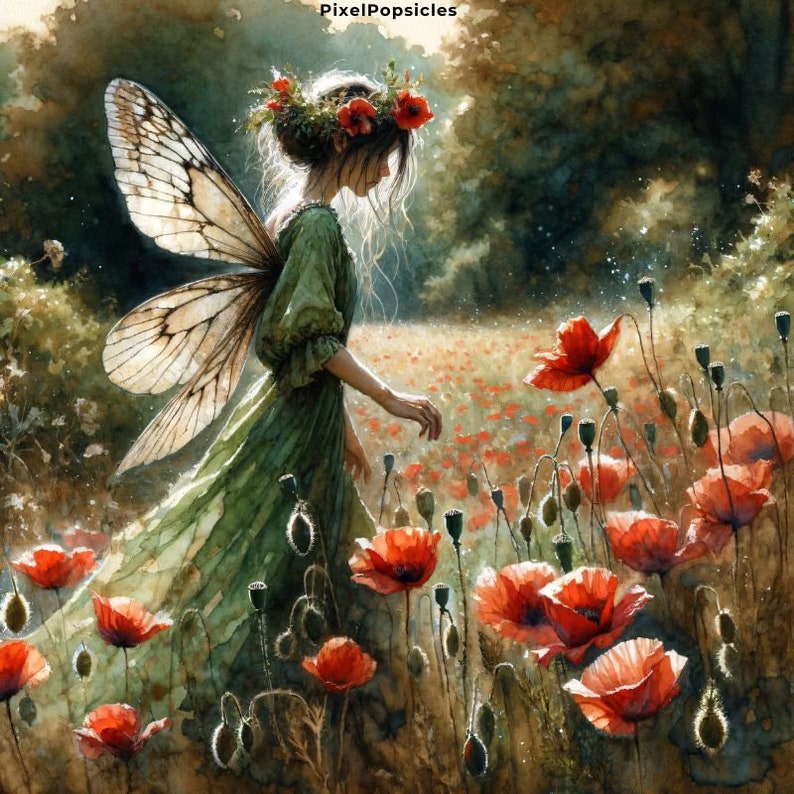 May include: A fairy with large, white wings and a green dress walks through a field of red poppies. The fairy has a flower crown on her head and is looking down at the flowers.