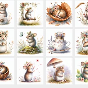 May include: Twelve illustrations of cute mice wearing flower crowns. Each mouse is depicted in a different setting, such as a swing, a teacup, a mushroom, and a walnut shell.