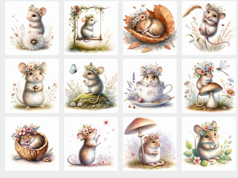 May include: Twelve illustrations of cute mice wearing flower crowns. Each mouse is depicted in a different setting, such as a swing, a teacup, a mushroom, and a walnut shell.