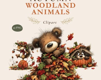 Clipart di animali del bosco autunnale, pacchetto PNG di alberi autunnali ad acquerello