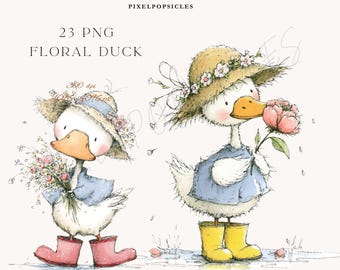 Watercolor Duck Clipart – Baby Farm Animals, Easter Floral Nursery Art (PNG)