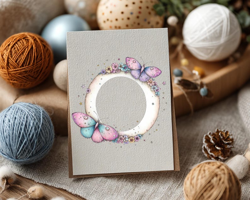 May include: A greeting card with a light gray background features a circular frame with a butterfly design. The butterflies have pink and blue wings. The frame is decorated with small flowers. The card is on a brown envelope.