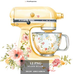 May include: A yellow stand mixer with a floral patterned bowl. The mixer is surrounded by watercolor flowers in shades of pink, yellow, and green.