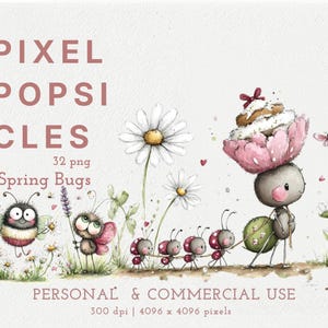 May include: A digital illustration featuring the text PIXEL POPSICLES 32 png Spring Bugs PERSONAL & COMMERCIAL USE 300 dpi 4096 x 4096 pixels. The image shows a fuzzy bee, a small winged bug, and a line of ladybugs with a larger bug carrying a cupcake.