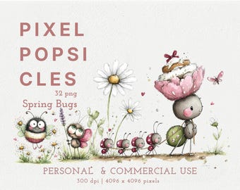 May include: A digital illustration featuring the text PIXEL POPSICLES 32 png Spring Bugs PERSONAL & COMMERCIAL USE 300 dpi 4096 x 4096 pixels. The image shows a fuzzy bee, a small winged bug, and a line of ladybugs with a larger bug carrying a cupcake.