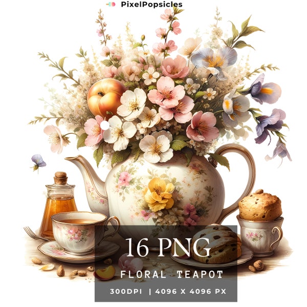 16 Vintage Floral Teapot Png, Floral Clipart set, Watercolor Clipart, High Quality Png, Digital download, Paper craft, junk journals