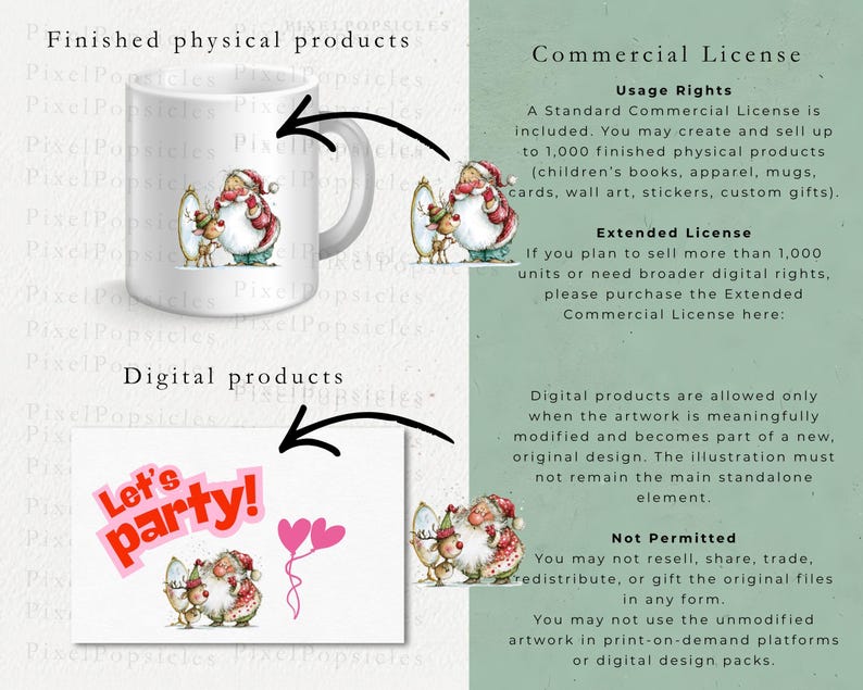K&ouml;nnte beinhalten: Eine wei&szlig;e Keramiktasse mit einer skurrilen Illustration von Santa Claus und einem Rentier, das in einen Spiegel schaut. Auf einer wei&szlig;en Karte steht der Text "Let's party!" in Rosa. Das Bild enth&auml;lt auch Text &uuml;ber kommerzielle Lizenzen.