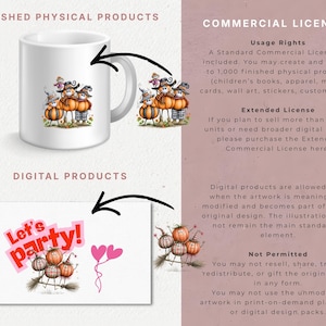 May include: A white ceramic mug featuring a graphic of three pumpkin characters wearing hats, alongside a digital card design with the text Let's party! and pumpkin illustrations. The image includes text detailing commercial and extended licence rights.