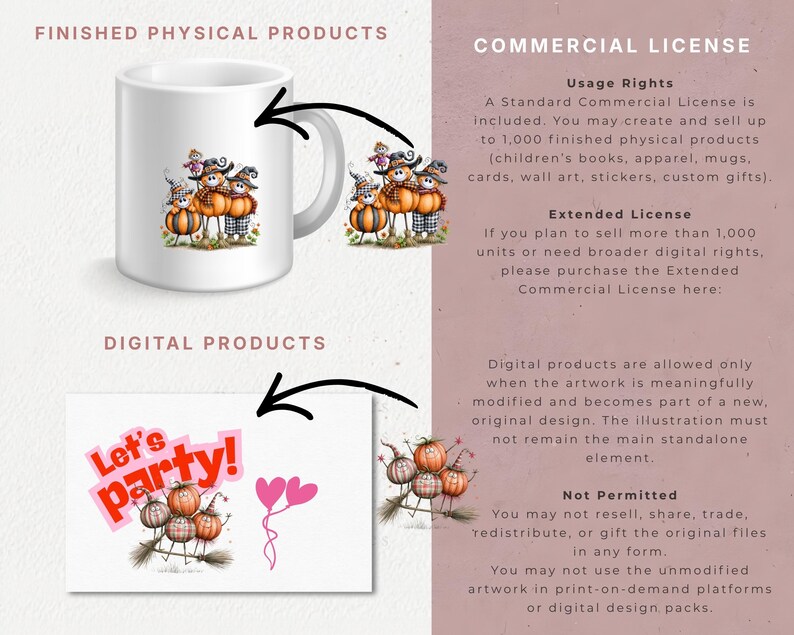 May include: A white ceramic mug featuring a graphic of three pumpkin characters wearing hats, alongside a digital card design with the text Let's party! and pumpkin illustrations. The image includes text detailing commercial and extended licence rights.