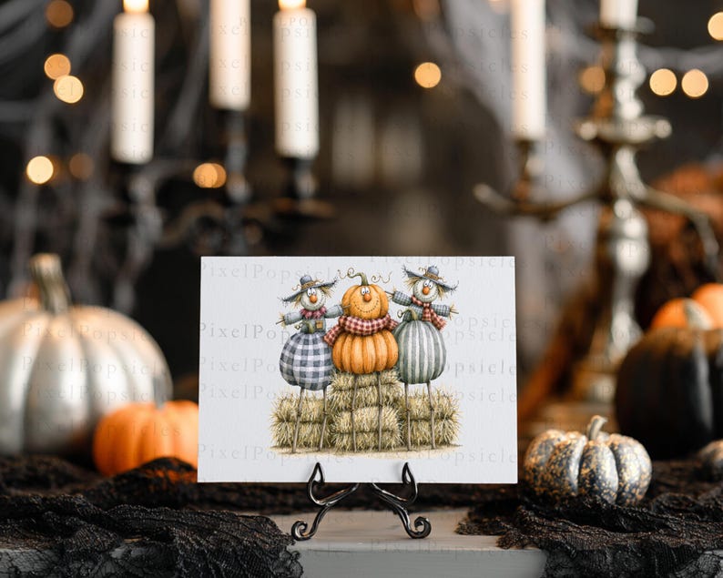 May include: A rectangular print featuring an illustration of two scarecrows and a central orange pumpkin with a face, all standing on hay bales. The scarecrows wear hats and scarves, with one in a blue plaid outfit and one in a green striped outfit.