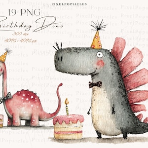 May include: Watercolor illustration featuring two cartoon dinosaurs, one pink and one gray, each wearing a party hat and bow tie. The image includes the text "Birthday Dino" and "19 PNG". Each dinosaur stands next to a small birthday cake.