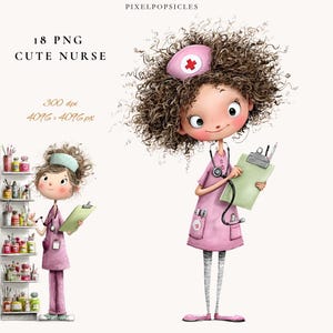 Söt sjuksköterskeclipart – 18 nyckfulla läkarflickor (digital nedladdning)