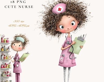 Puede incluir: Ilustración digital de una enfermera linda con uniforme y gorro rosa, sosteniendo un portapapeles y un estetoscopio. La imagen incluye el texto "18 PNG Cute Nurse" y detalles sobre la resolución.