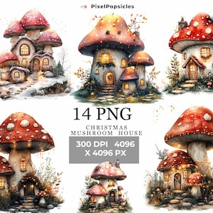 14 Christmas Mushroom house clipart bundle, Christmas clipart, Pink Christmas png graphics, Christmas sublimation, Commercial Use