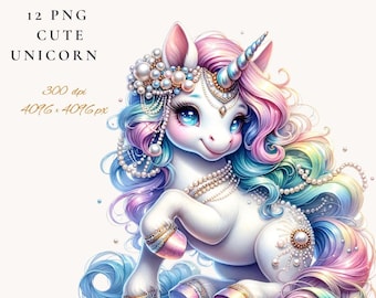 12 Cute Unicorn Clipart, Pastel Unicorn Wall Art PNG, Unicorn Graphics, Watercolor Unicorn Clipart, Nursery Decor - Commercial Use PNG
