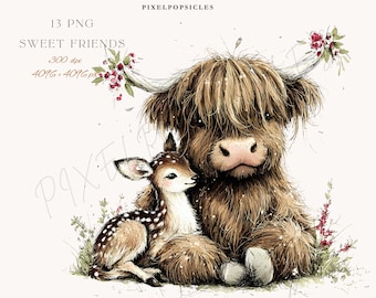 May include: Watercolor illustration of a Highland cow and a fawn, nestled together. The cow has long, shaggy brown fur and a pink nose, with floral accents on its horns. The fawn is spotted, with a gentle expression. Text reads "Sweet Friends".