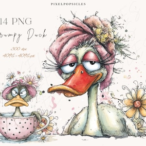 Nyckfull anka Spa-dag PNG Clipart-set, akvarell Grumpy Duck (digital nedladdning)