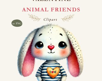 Valentine Animal Friends Clipart Bundle, Bunny & Donkey PNGs (10 Files)