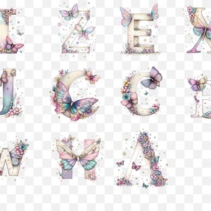 May include: Watercolor alphabet letters decorated with butterflies and flowers in pastel colors. Each letter is adorned with delicate floral arrangements and fluttering butterflies, creating a whimsical and artistic design.
