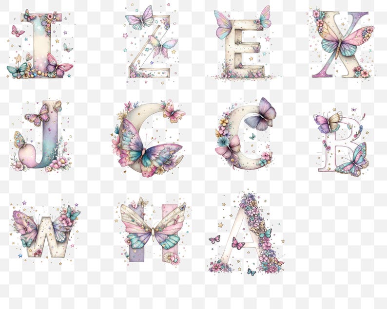 May include: Watercolor alphabet letters decorated with butterflies and flowers in pastel colors. Each letter is adorned with delicate floral arrangements and fluttering butterflies, creating a whimsical and artistic design.
