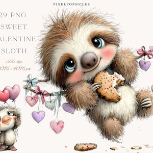 May include: A digital illustration featuring a charming sloth with large blue eyes, clutching a cookie with a bite taken. The image includes heart-shaped balloons and hanging hearts. The text at the top reads "29 PNG Sweet Valentine Sloth".