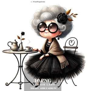 10 Senior Lady PNG Clipart | Stylish Lady in Tutu with Coffee | Fun Designs for Scrapbook, Card Making, Journals, and Craft Projects