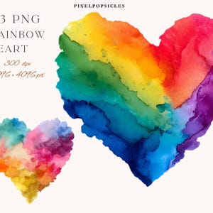 May include: Two watercolor heart designs in rainbow colors. One large heart is divided into sections of red, orange, yellow, green, blue, and purple. A smaller heart displays a similar color palette. Text at the top reads "PIXELPOPSICLES". Text below reads "13 PNG RAINBOW HEART 300 dpi 4096 x 4096 px".