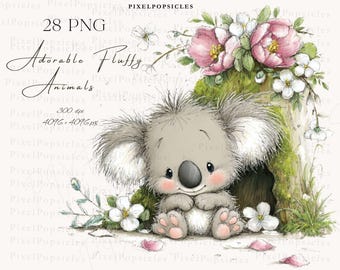 Puede incluir: Ilustración de un adorable koala de dibujos animados con el texto "Adorable Fluffy Animals". El koala es gris con detalles rosas, sentado cerca de un tronco de árbol con flores rosas y blancas. La imagen es de 4096x4096 píxeles.