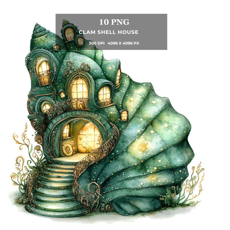Whimsical Clam Shell House Clipart: Fantasy Ocean Cottage PNG (digital ...