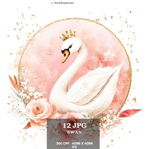 12 eleganti clipart di cigni rosa, jpg di alta qualità, perfetti per biglietti di auguri e decorazioni murali, bundle di download digitale Cottagecore
