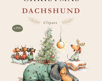 Christmas Dachshund Clipart, Watercolor Holiday Puppy PNGs