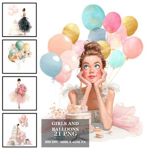 Ilustración de chicas en una fiesta de globos, clip art - 21 PNG de acuarela de alta resolución sobre fondo blanco / Impresión digital de globos, diario basura.
