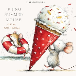 Könnte beinhalten: Aquarellillustration mit zwei Mäusen im Sommer. Eine Maus schwimmt in einem rot-weiß gestreiften Rettungsring, während eine andere eine große Eistüte mit einem roten Tupfenkegel trägt. Der Text "19 PNG Summer Mouse" steht oben.