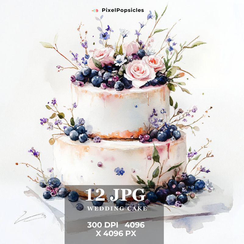 水彩画のウェディングケーキのクリップアート：花柄ケーキのイラスト