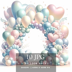 Balloon Arch Clipart Watercolor JPG Sublimation,Pastel Balloons, Digital Downloads, Download for commercial Use, High resolution,
