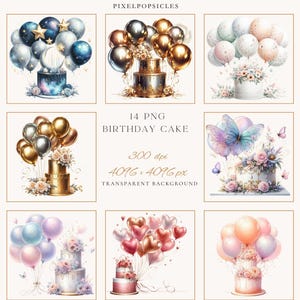Birthday Cake and Balloons Clipart, Watercolor Celebration PNG Bundle image 2