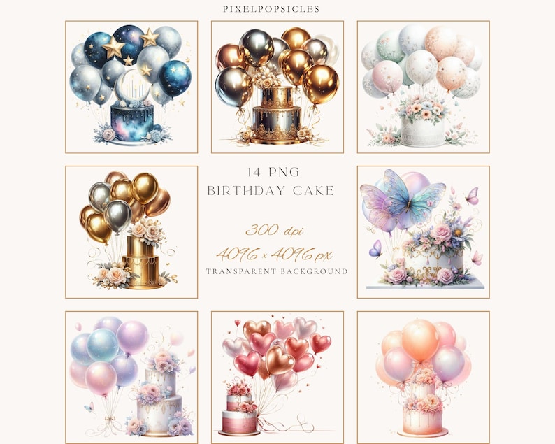 Birthday Cake and Balloons Clipart, Watercolor Celebration PNG Bundle image 2