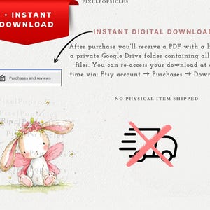 Op de afbeelding: Een digitale downloadafbeelding met een wit konijntje met roze fee&euml;nvleugels en een roze bloemenkrans. De afbeelding bevat de tekst INSTANT DOWNLOAD, INSTANT DIGITAL DOWNLOAD, NO PHYSICAL ITEM SHIPPED en een doorgestreept vrachtwagenicoon.