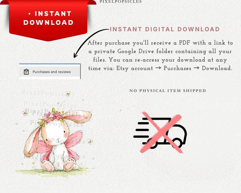 Op de afbeelding: Een digitale downloadafbeelding met een wit konijntje met roze fee&euml;nvleugels en een roze bloemenkrans. De afbeelding bevat de tekst INSTANT DOWNLOAD, INSTANT DIGITAL DOWNLOAD, NO PHYSICAL ITEM SHIPPED en een doorgestreept vrachtwagenicoon.