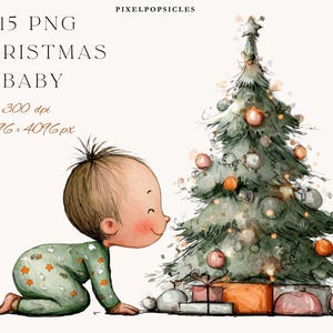Puede incluir: Ilustraci&oacute;n en acuarela de un beb&eacute; con pijama verde con dise&ntilde;os de estrellas y coches, gateando hacia un &aacute;rbol de Navidad decorado. El &aacute;rbol est&aacute; adornado con adornos y una estrella. El texto dice "15 PNG CHRISTMAS BABY".