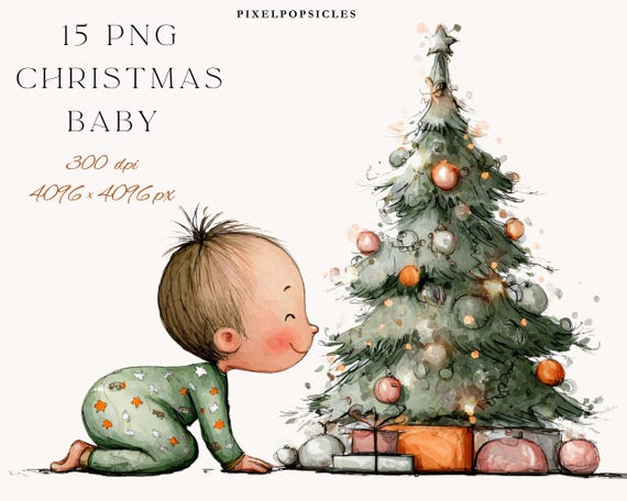 Watercolor Christmas Baby Clipart: Holiday Tree PNG (Digital Download)