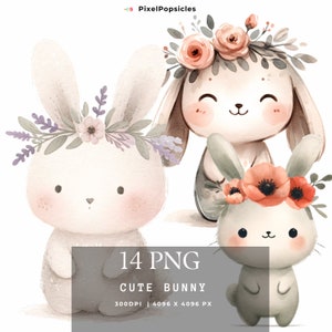 Floral Easter Bunny PNG Clipart: Spring Nursery Decor (Commercial Use)