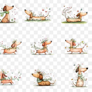 May include: A collection of watercolour illustrations featuring dachshund dogs decorated with floral wreaths, garlands, and scarves. The dogs are shown in different poses, surrounded by butterflies and flowers, creating a whimsical and charming aesthetic.