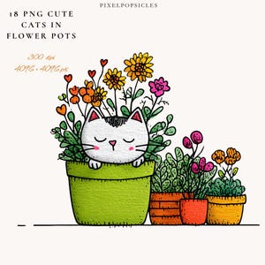 May include: Illustration of a white cat with closed eyes peeking out of a green flower pot filled with flowers. Other pots with flowers are to the right. Text at the top says "18 PNG Cute Cats in Flower Pots".