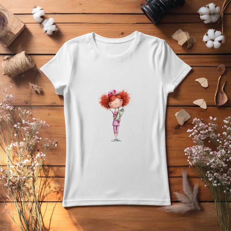 Puede incluir: Camiseta blanca con una ilustraci&oacute;n de dibujos animados de una enfermera con cabello rizado rojo, vestida con un uniforme rosa y sosteniendo un portapapeles. El dise&ntilde;o est&aacute; centrado en la camiseta, ofreciendo una est&eacute;tica caprichosa y de tem&aacute;tica m&eacute;dica.