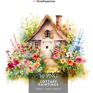 Cottage Paintings Clipart: Watercolor Cottagecore PNG (Digital Download)